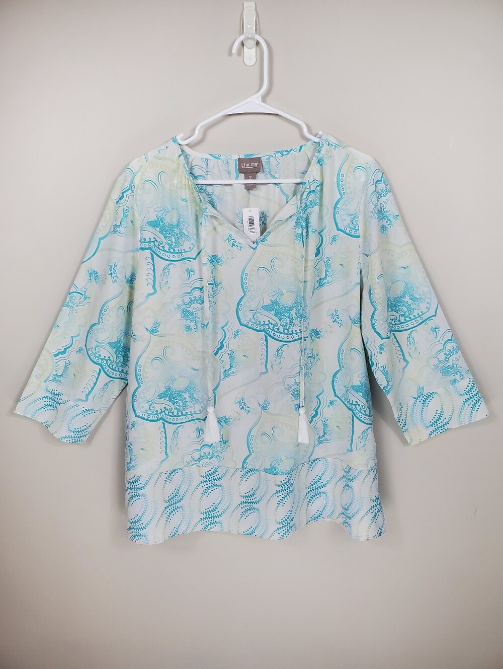 NWT Chico's Size L Blue Green Aligers Paisley Tassel Tunic Top Blouse Shirt